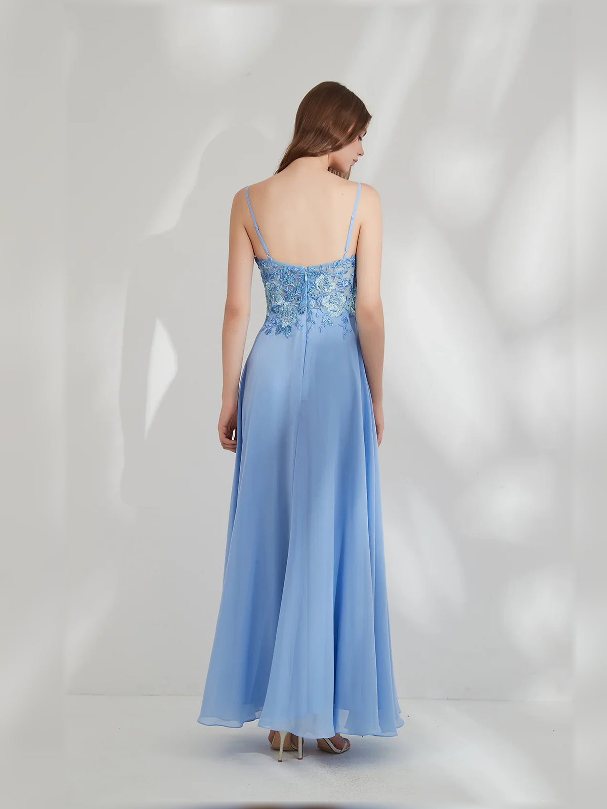 Blue a-line floor-length formal dress with draping, alternate view