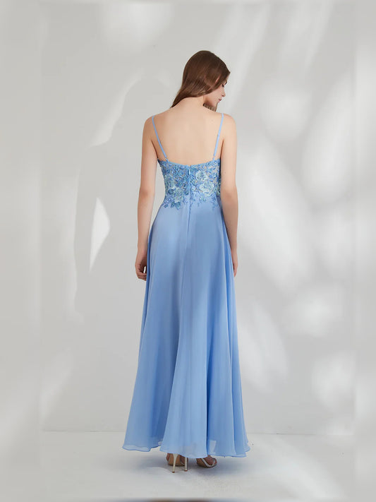 Blue a-line floor-length formal dress with draping, alternate view