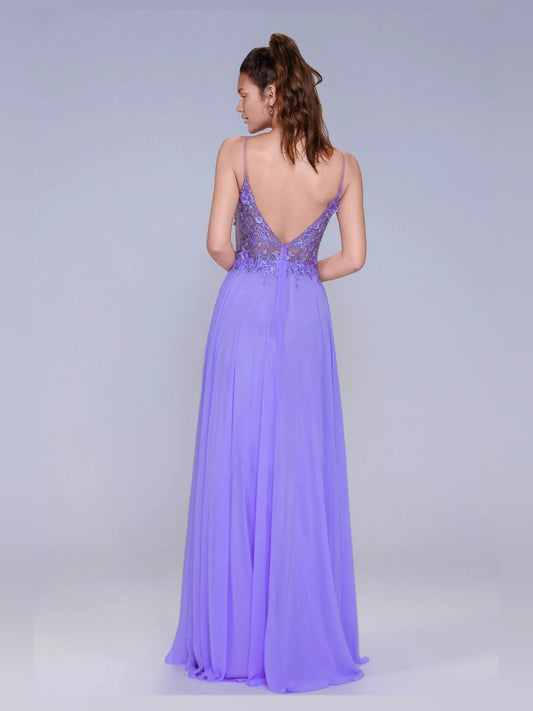 Periwinkle floor-length prom dress, back view showing the rear of the dress