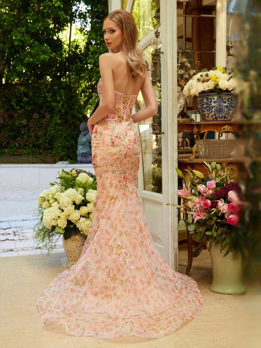 Peach floor-length prom dress, alternate view showing the bodice and skirt