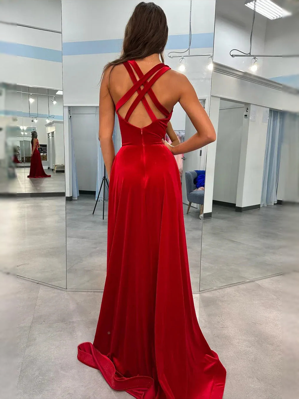 Red maxi prom dress, alternate view showing the bodice and skirt