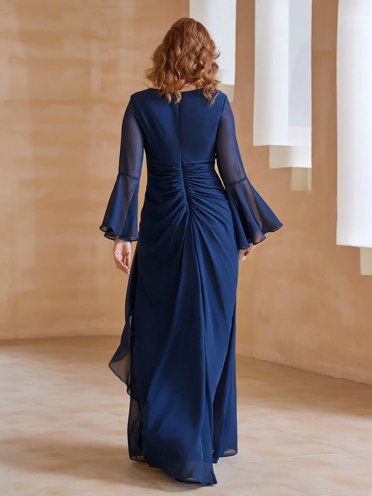 Dark Navy maxi mother of the bride dress, alternate view showing the bodice and skirt