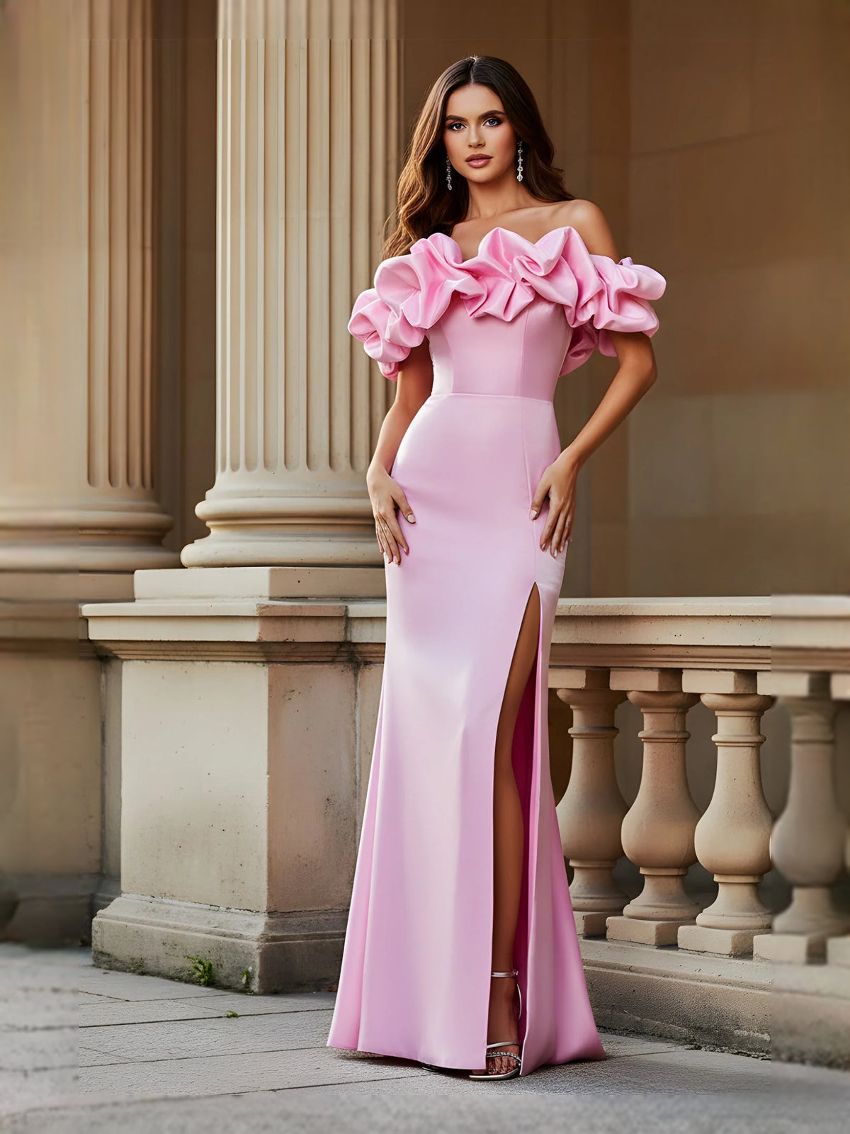 Blush Pink maxi prom dress, alternate view showing the bodice and skirt
