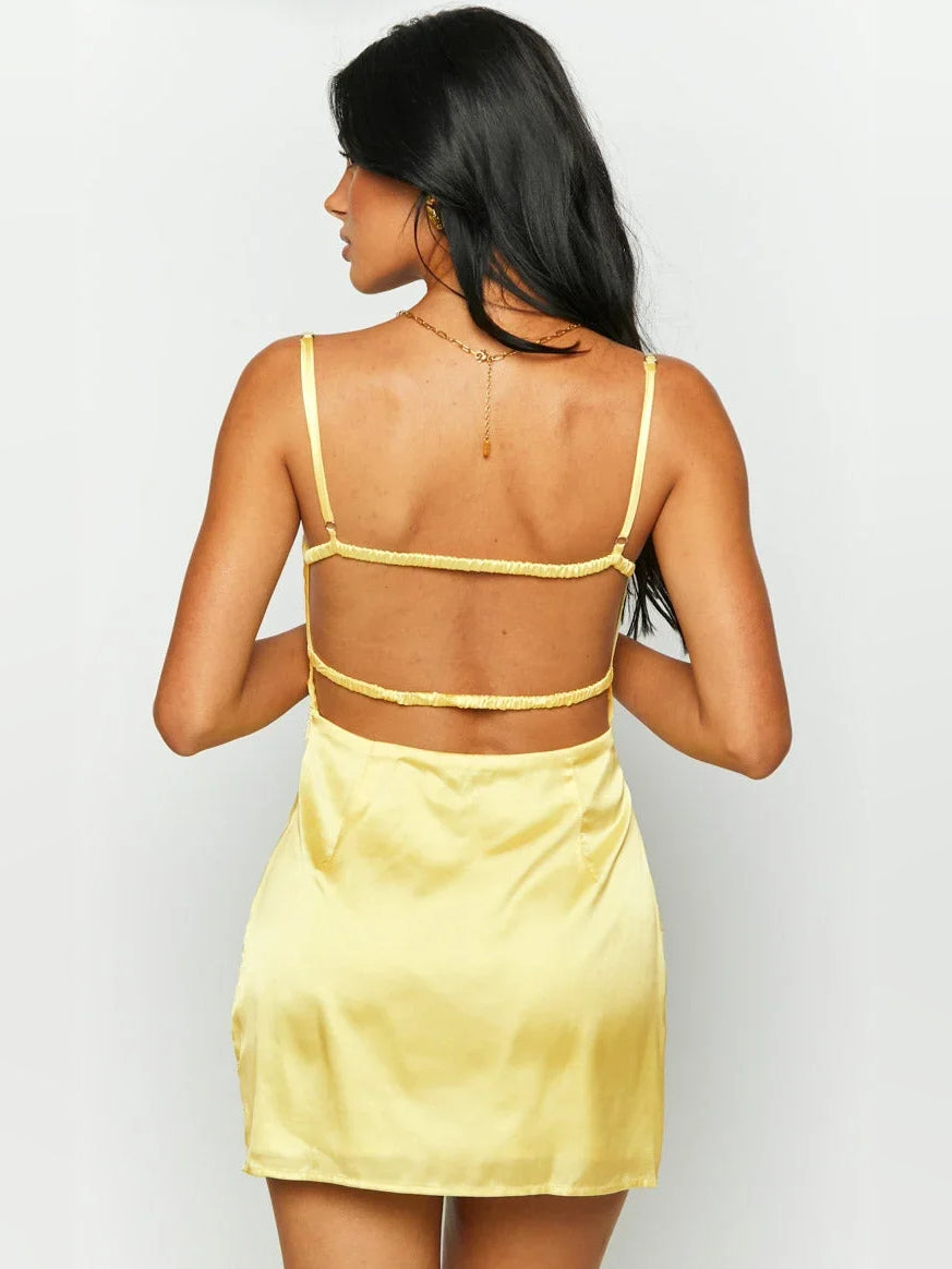 Canary mini homecoming dress, back view showing the rear of the dress