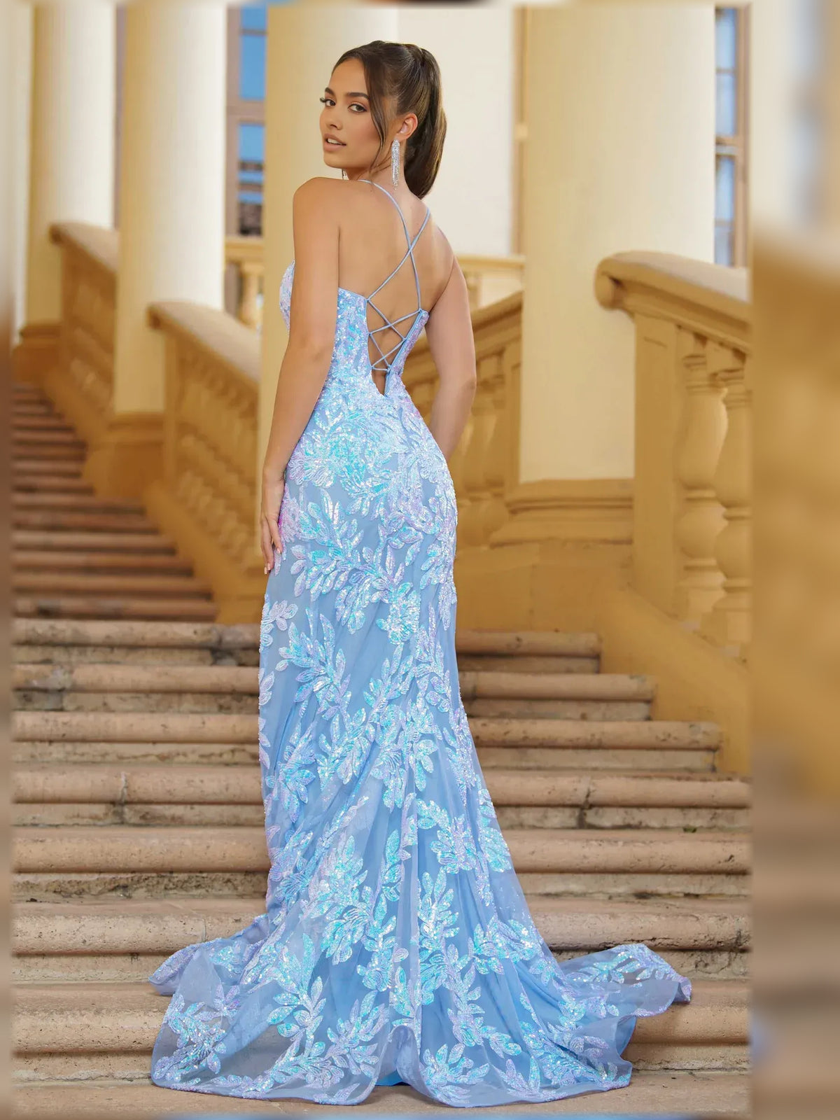 Light Blue sheath floor-length formal dress with skirt slit, alternate view
