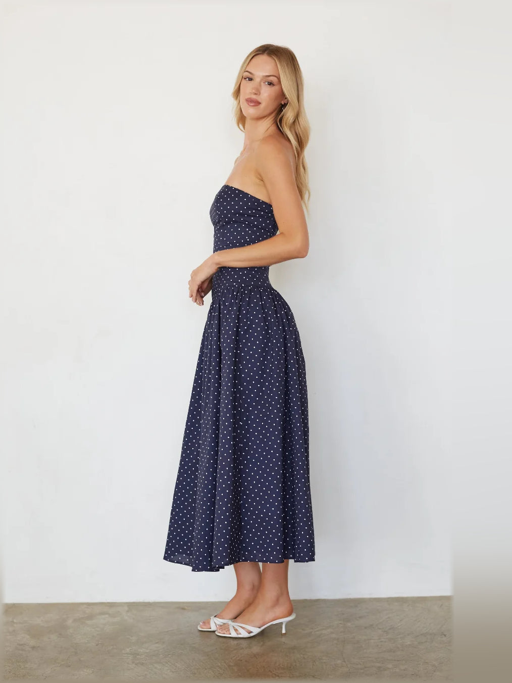 Navy midi formal dress with printed pattern, alternate view