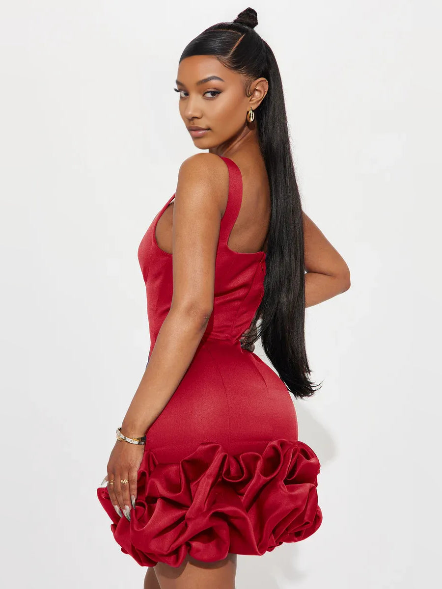 Red mini homecoming dress, back view showing the rear of the dress