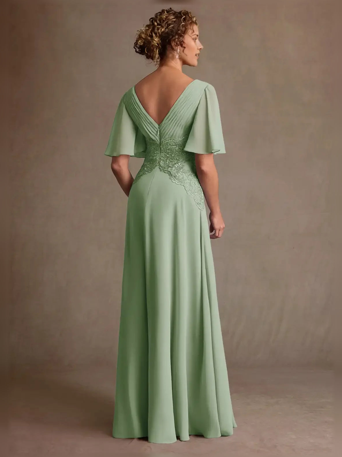 Dusty Sage floor-length mother of the bride dress, alternate view showing the bodice and skirt