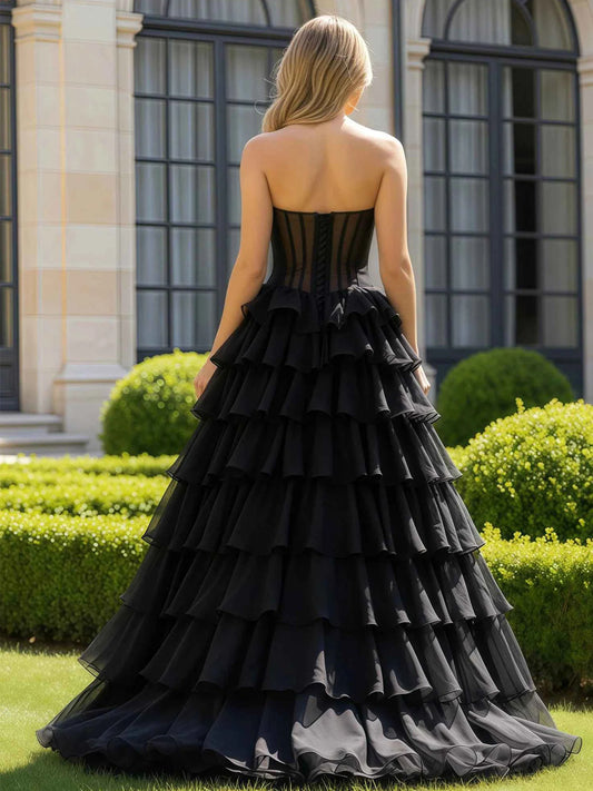 Black floor-length prom dress, alternate view showing the bodice and skirt