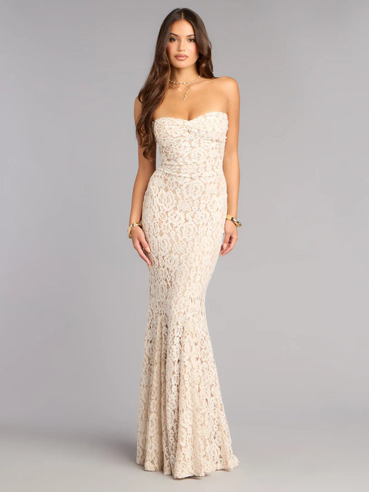 Ivory maxi prom dress, back view showing the rear of the dress