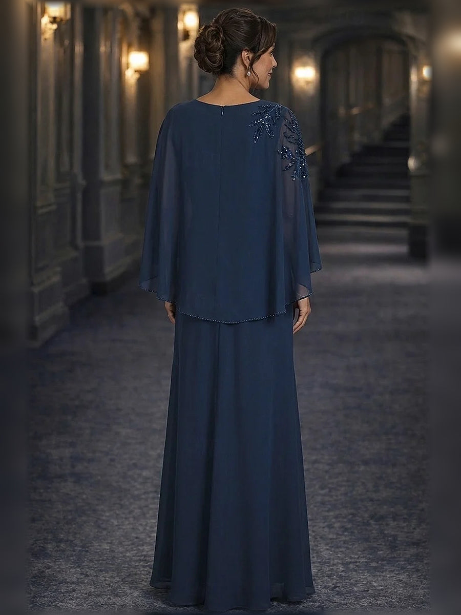 Navy Blue floor-length mother of the bride dress, alternate view showing the bodice and skirt