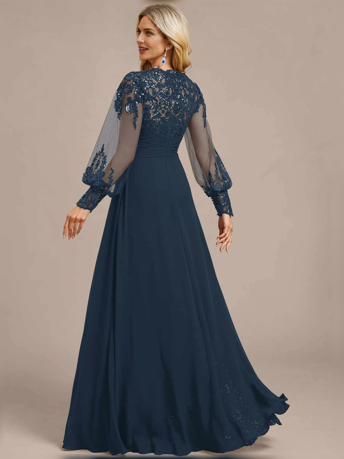 Dark Blue floor-length mother of the bride dress, alternate view showing the bodice and skirt