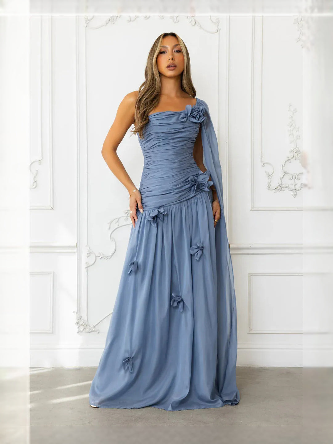 Dusty Blue maxi prom dress, alternate view showing the bodice and skirt