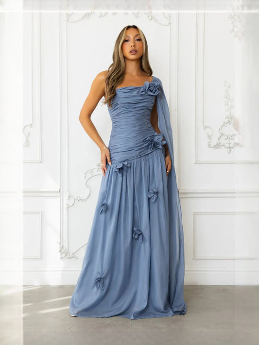 Dusty Blue maxi prom dress, alternate view showing the bodice and skirt