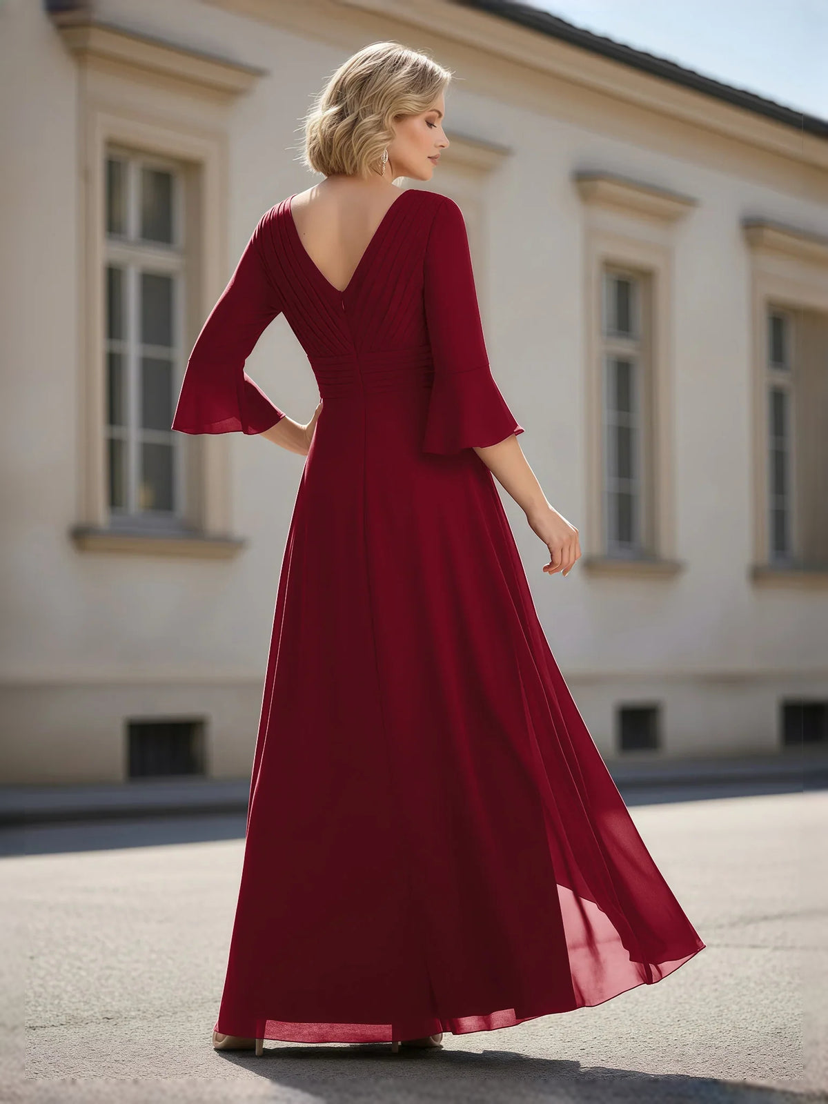 Burgundy floor-length mother of the bride dress, alternate view showing the bodice and skirt