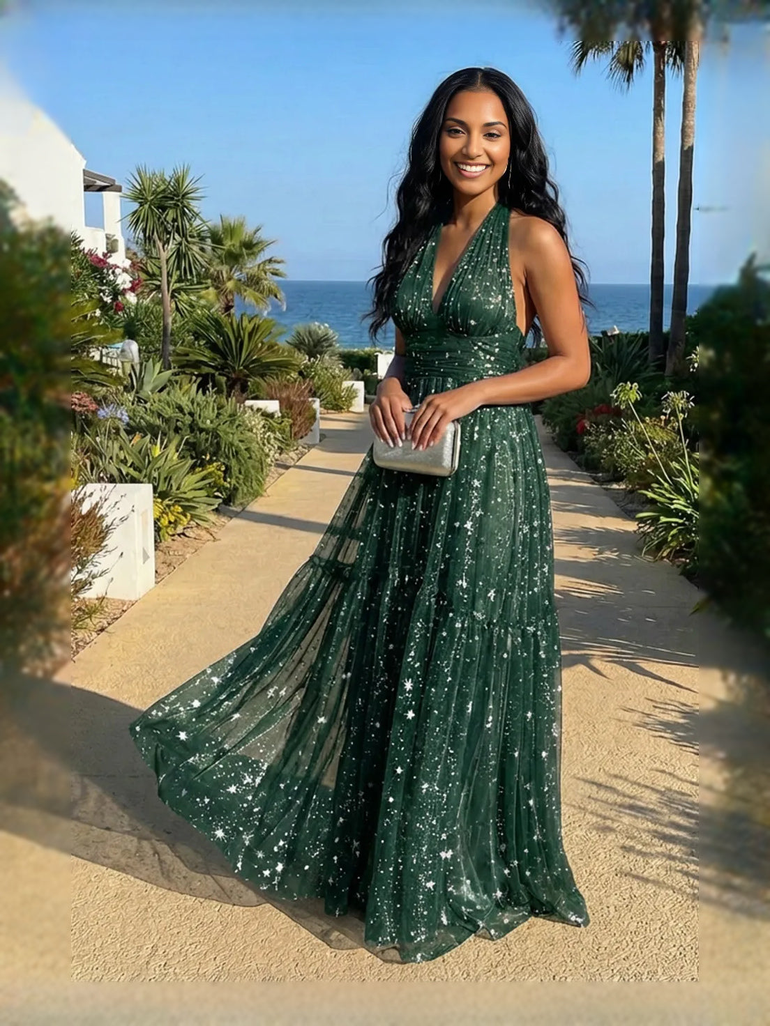 Dark Green maxi prom dress, alternate view showing the bodice and skirt