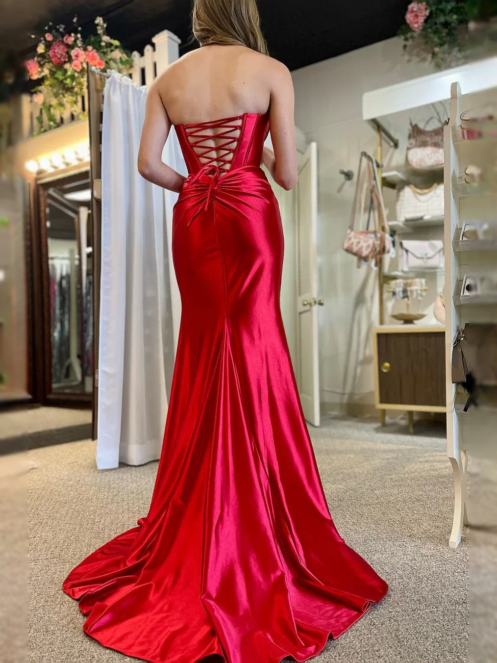 Red floor-length prom dress, alternate view showing the bodice and skirt