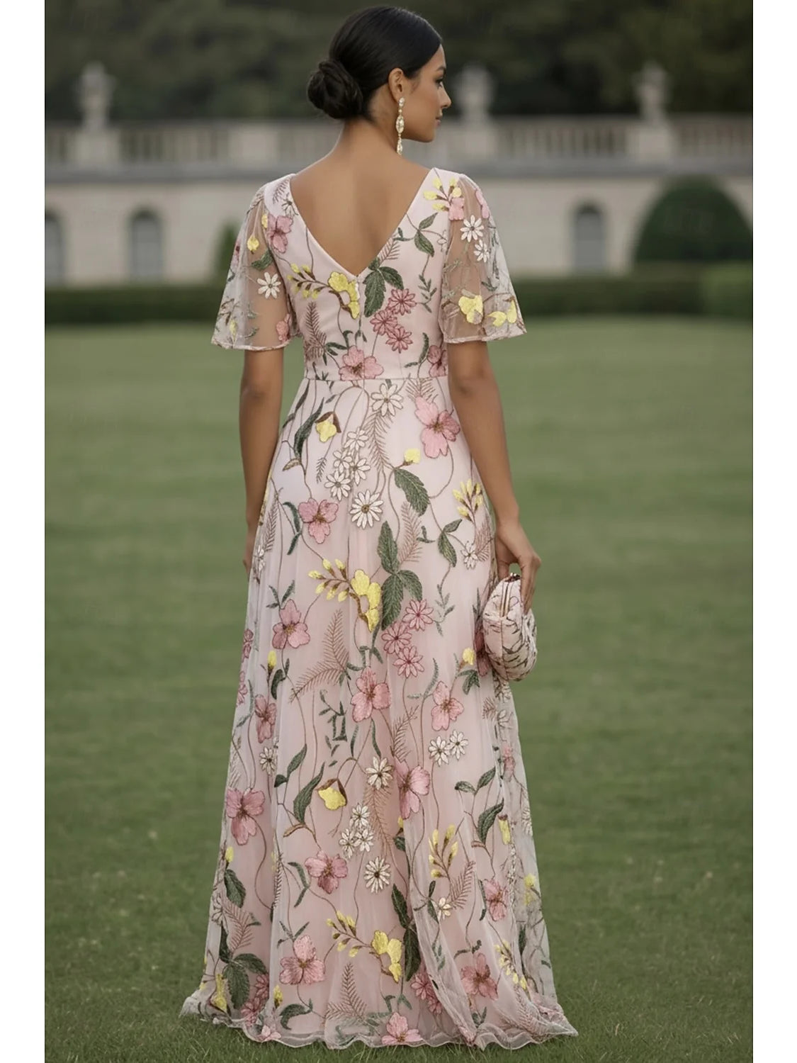 White a-line maxi formal dress with embroidery, alternate view