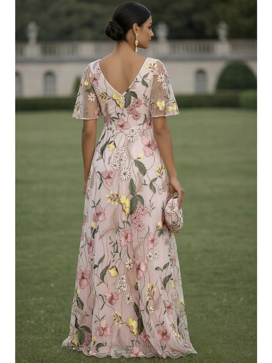 White a-line maxi formal dress with embroidery, alternate view
