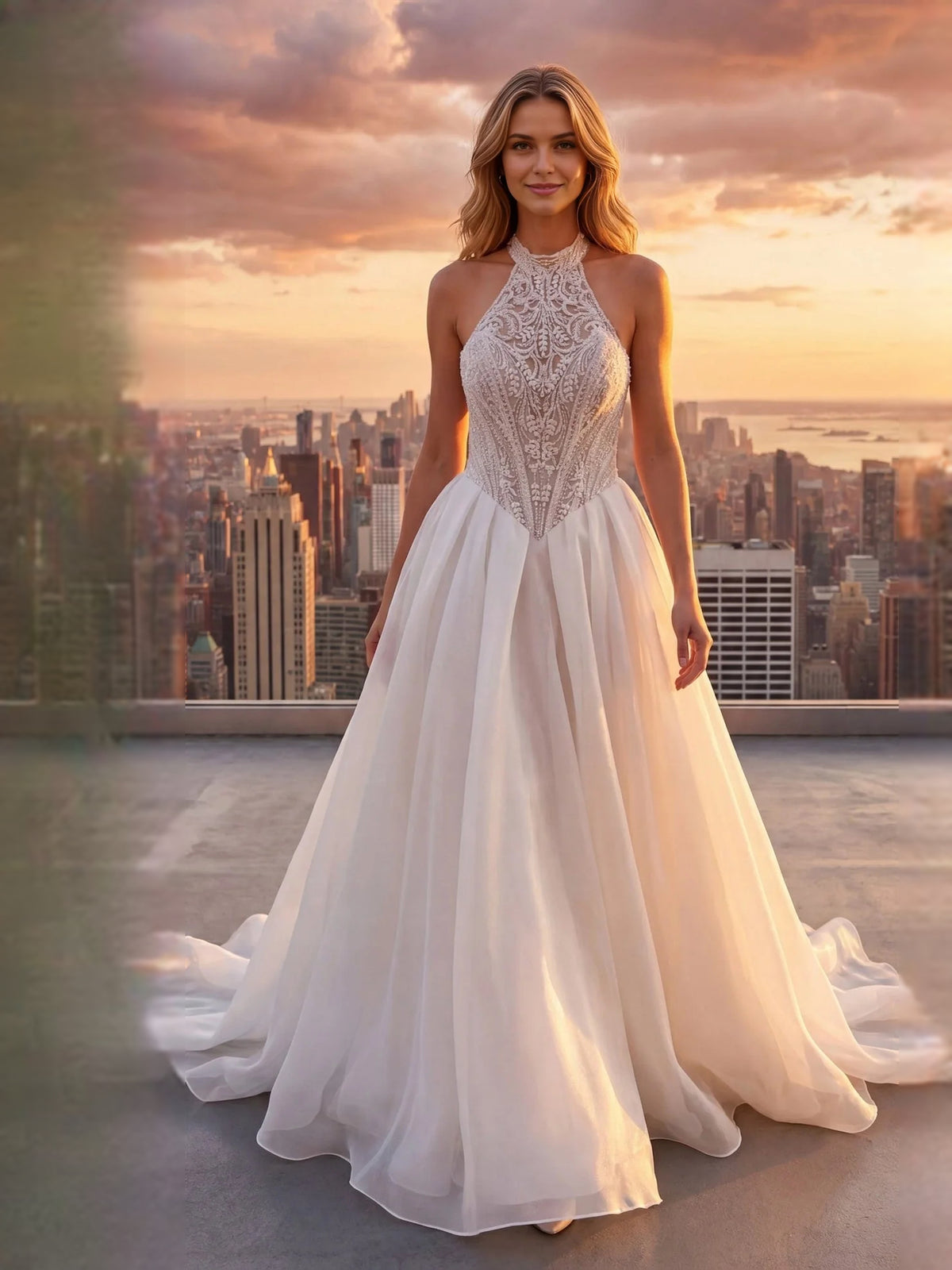 Ivory floor-length wedding dress, alternate view showing the bodice and skirt