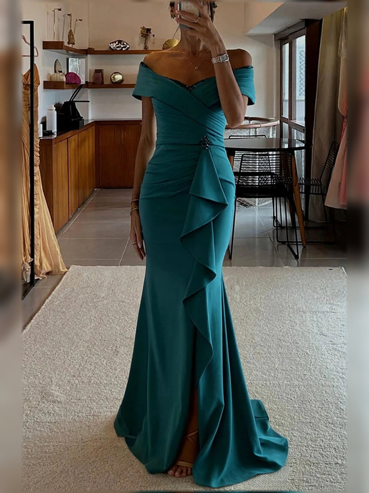 Teal floor-length mother of the bride dress, alternate view showing the bodice and skirt