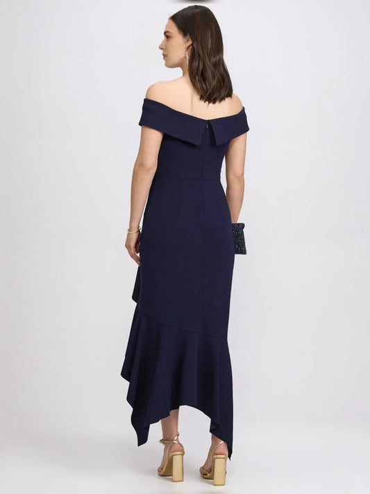 Dark Navy mermaid midi formal dress with skirt slit, alternate view