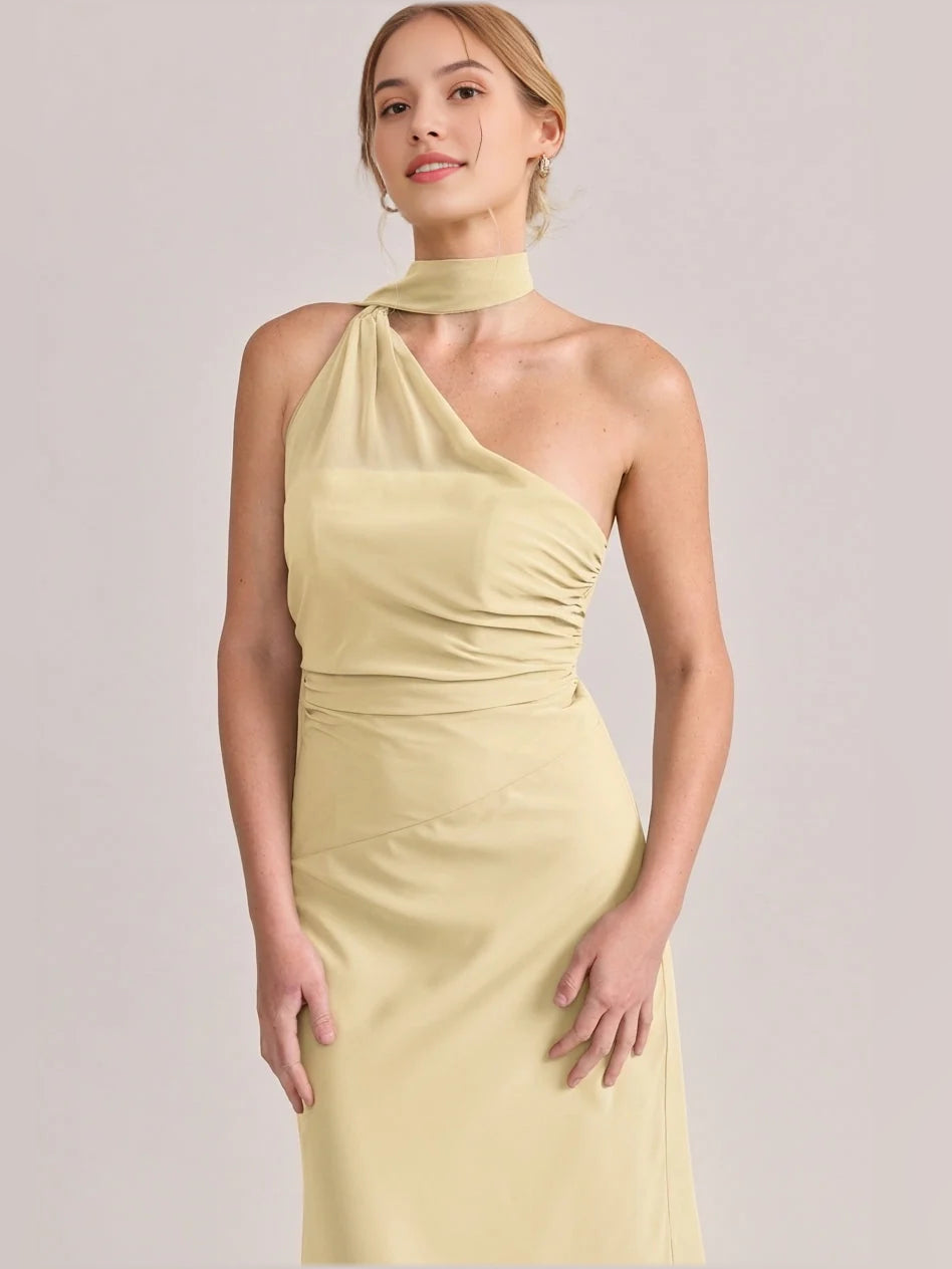 Pale Lemon maxi bridesmaid dress, alternate view showing the bodice and skirt