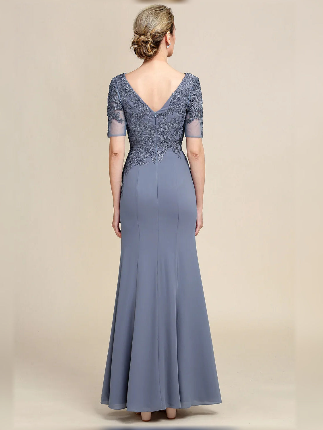 Dusty Blue maxi mother of the bride dress, alternate view showing the bodice and skirt