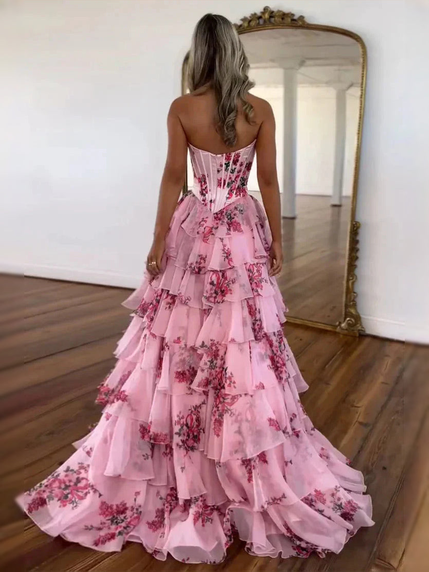 Pink maxi prom dress, alternate view showing the bodice and skirt