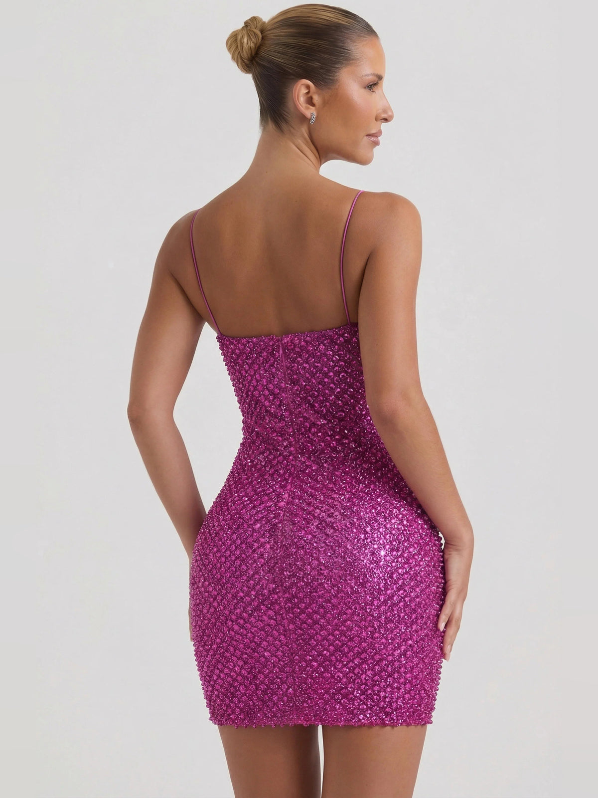 Magenta mini homecoming dress, alternate view showing the bodice and skirt