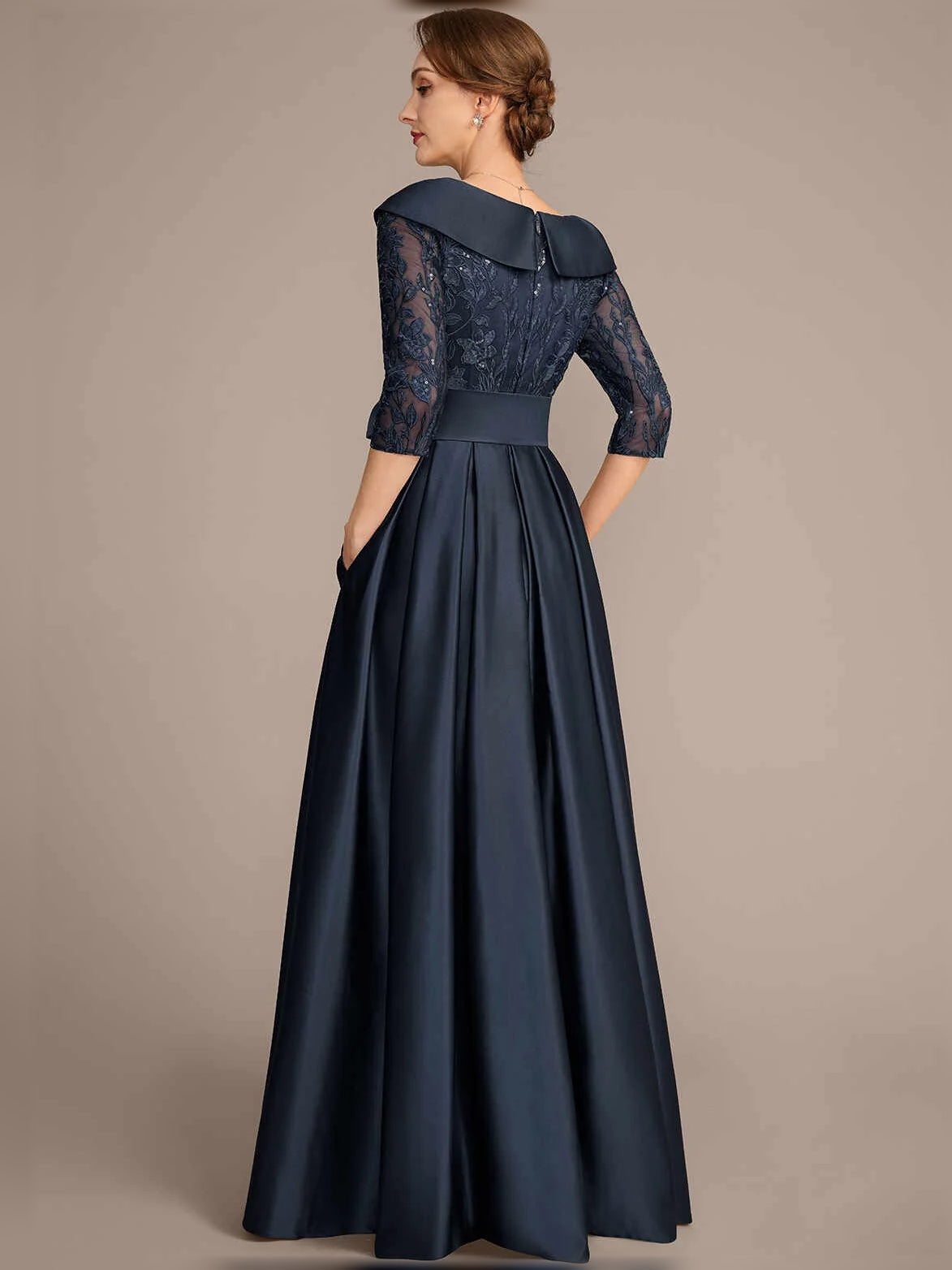 Dark Navy floor-length mother of the bride dress, alternate view showing the bodice and skirt