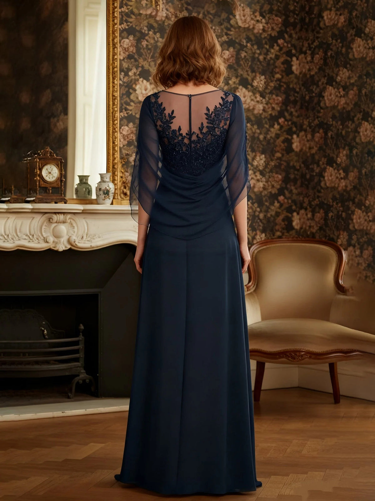 Dark Navy maxi mother of the bride dress, alternate view showing the bodice and skirt