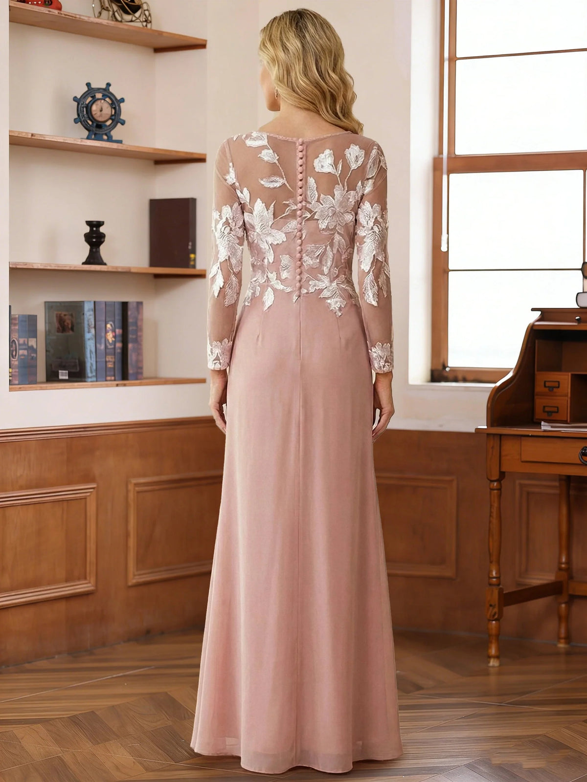 Blush Pink floor-length mother of the bride dress, alternate view showing the bodice and skirt