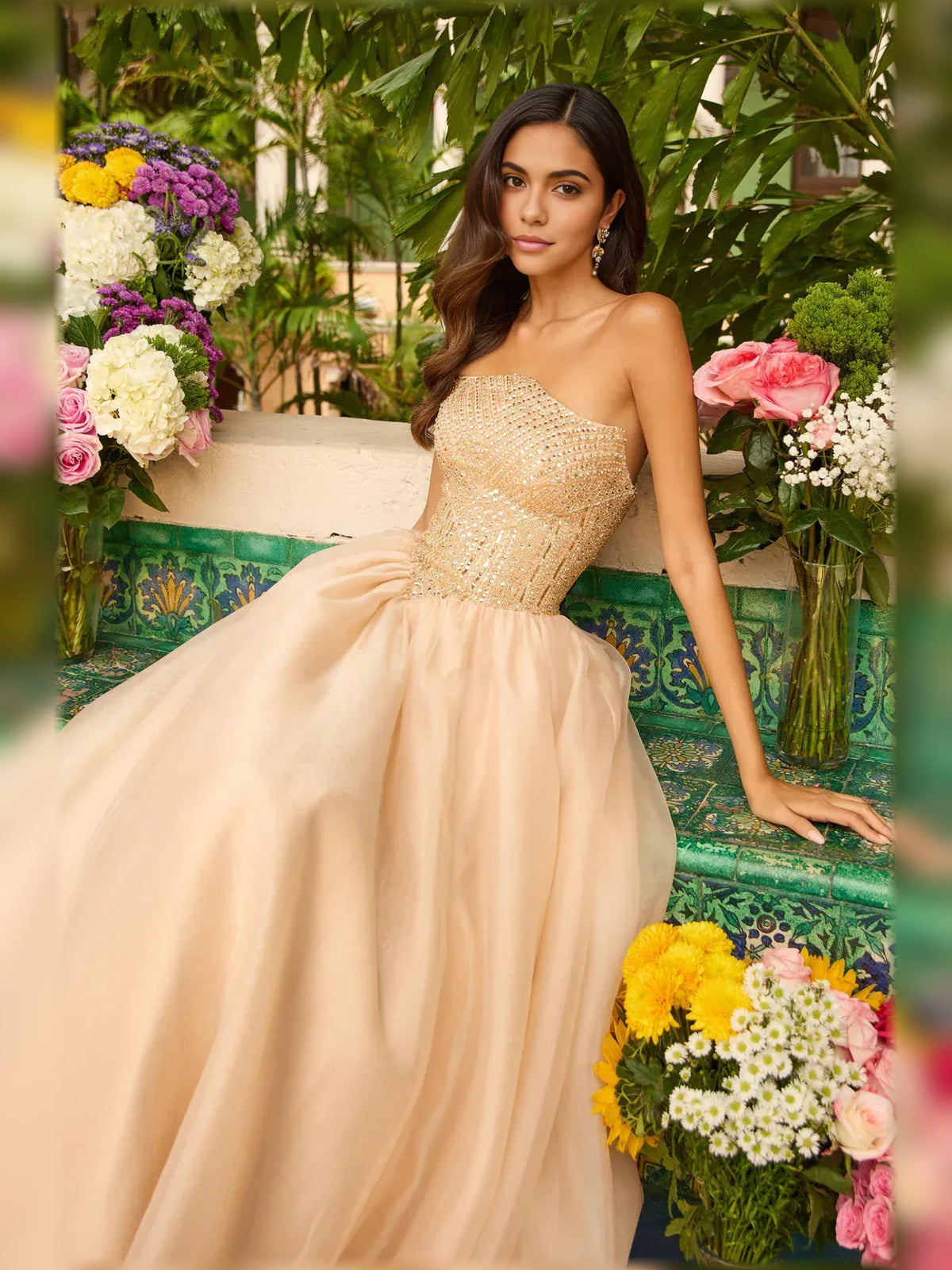 Gold floor-length formal dress with beading, alternate view