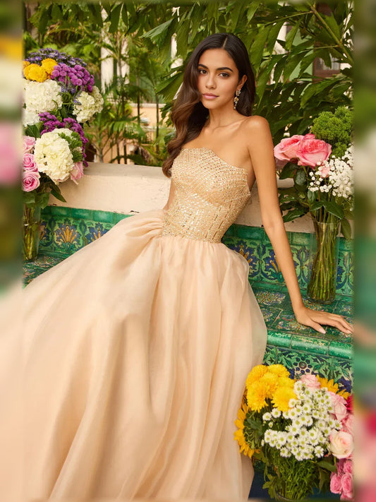 Gold floor-length formal dress with beading, alternate view