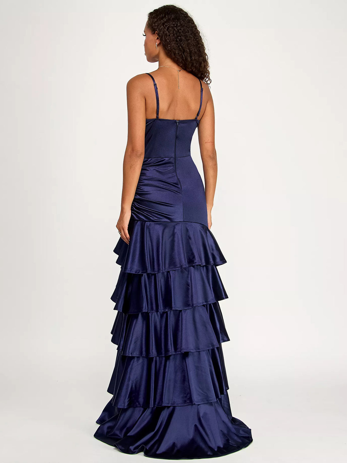 Navy Blue a-line floor-length formal dress with ruffle details, alternate view