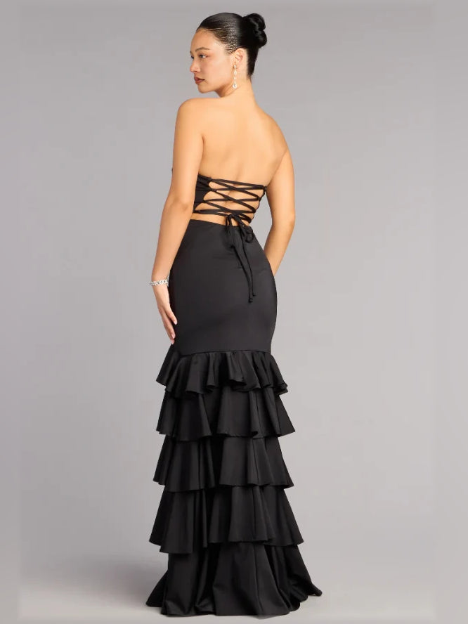 Black mermaid floor-length formal dress with ruffle details, alternate view