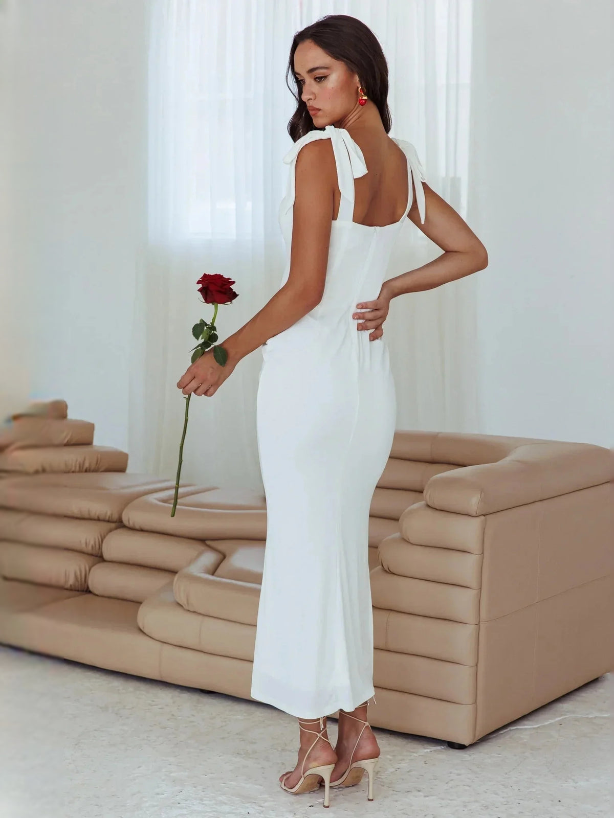 White midi wedding dress, alternate view showing the bodice and skirt
