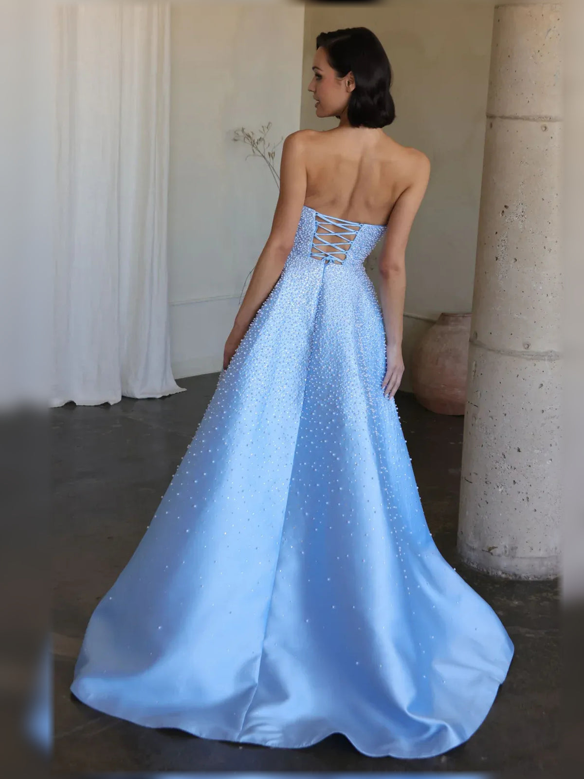 Light Blue floor-length formal dress with corset-style bodice, alternate view