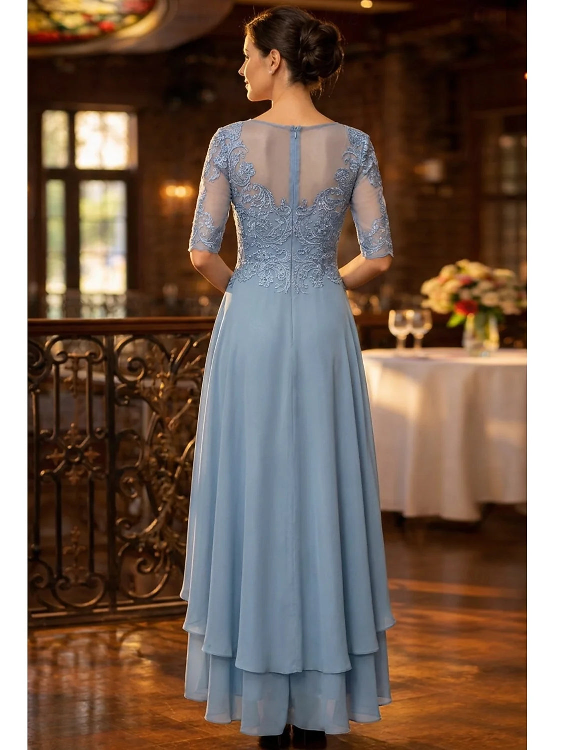 Dusty Blue high-low mother of the bride dress, alternate view showing the bodice and skirt