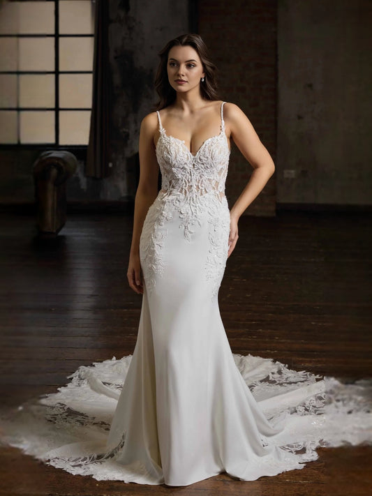 Ivory floor-length wedding dress, alternate view showing the bodice and skirt