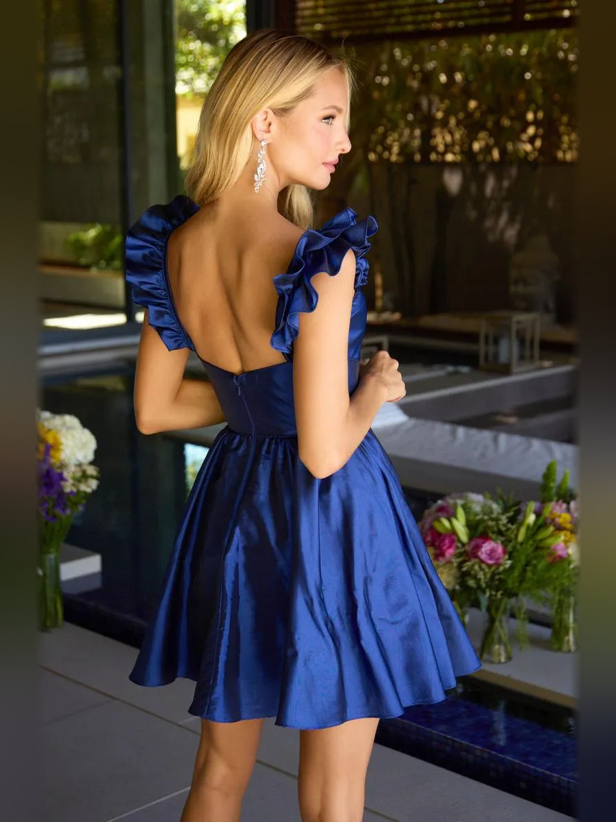 Dark Blue mini homecoming dress, back view showing the rear of the dress