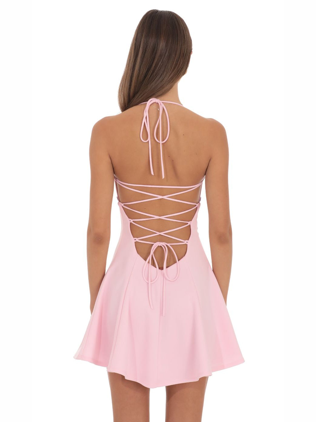 Pink mini homecoming dress, alternate view showing the bodice and skirt