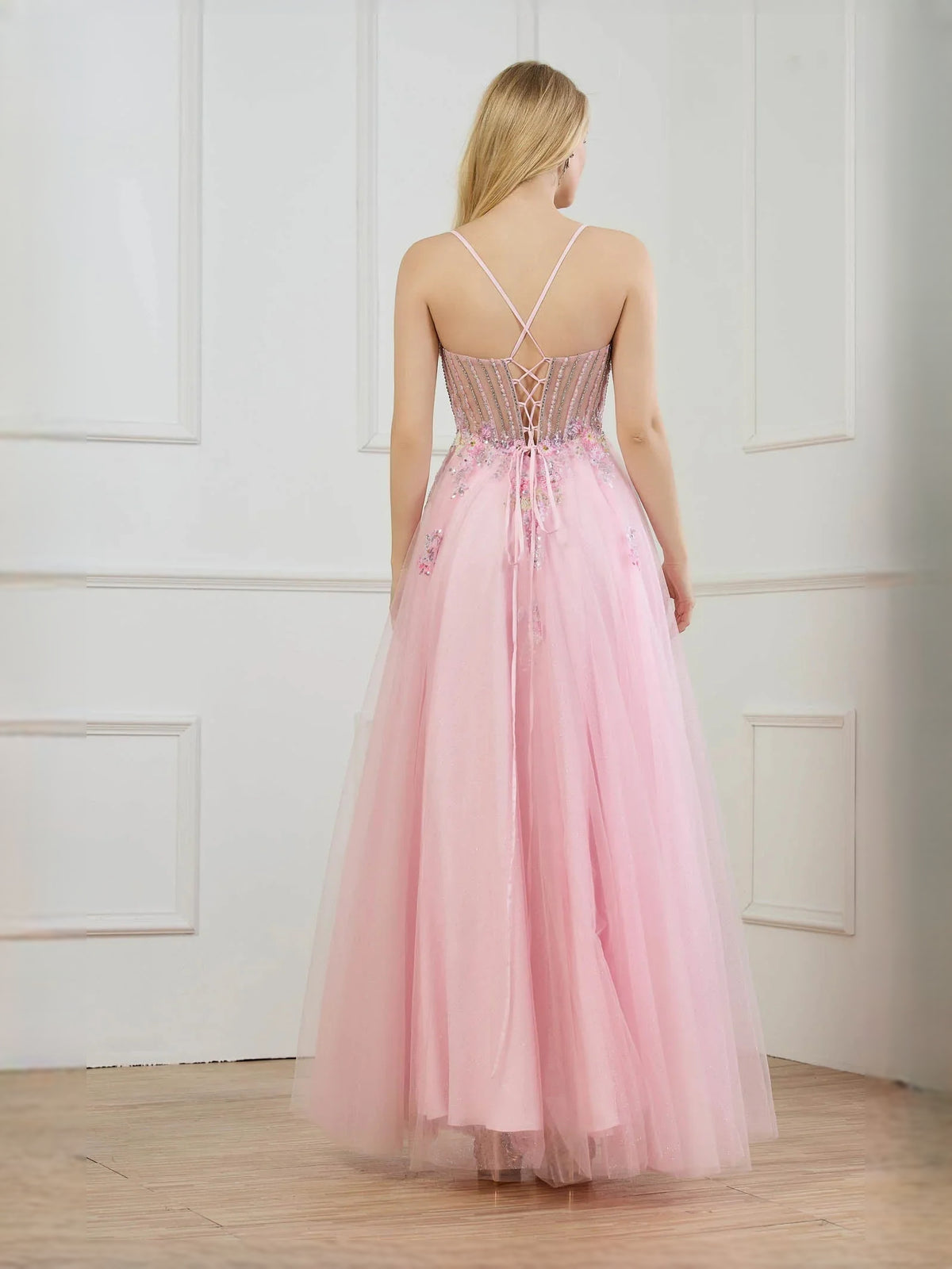 Blush Pink floor-length prom dress, alternate view showing the bodice and skirt