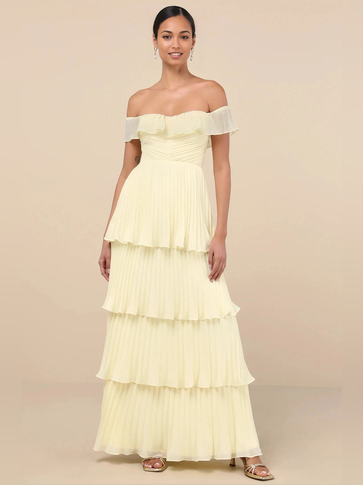 Pale Lemon maxi bridesmaid dress, alternate view showing the bodice and skirt