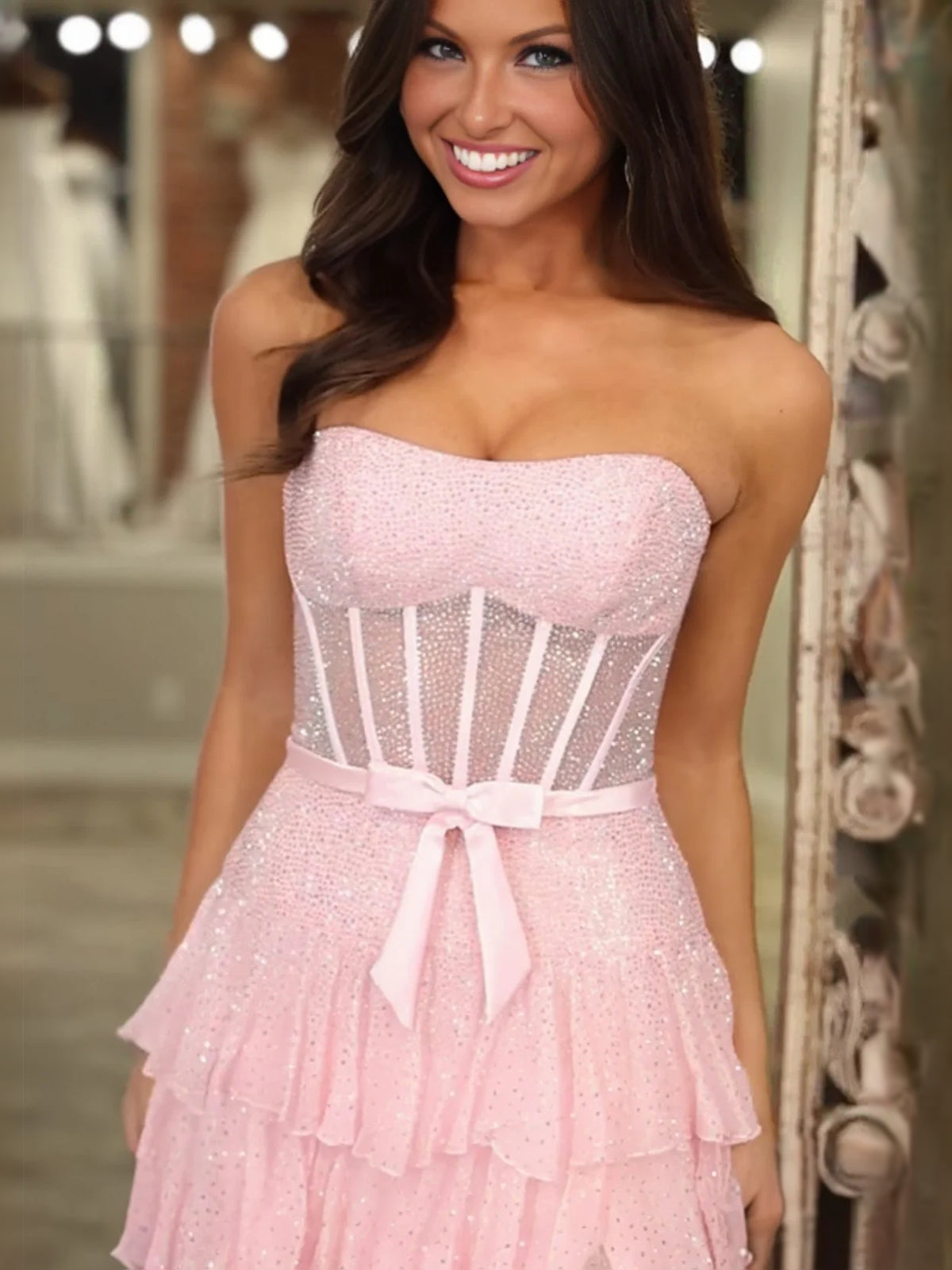 Pink maxi prom dress, alternate view showing the bodice and skirt