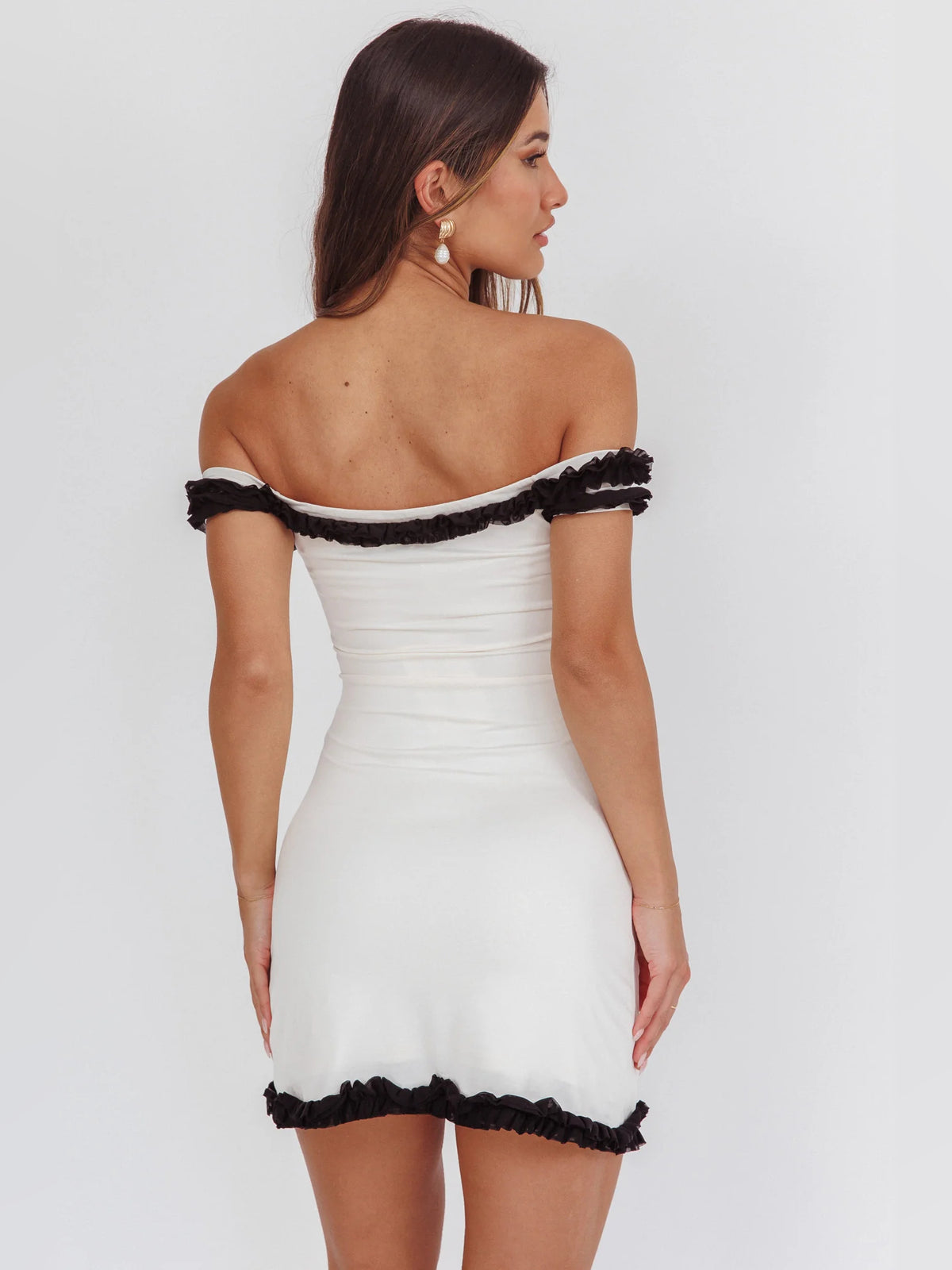 Cream mini homecoming dress, alternate view showing the bodice and skirt