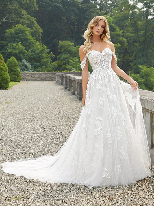 Ivory floor-length wedding dress, alternate view showing the bodice and skirt