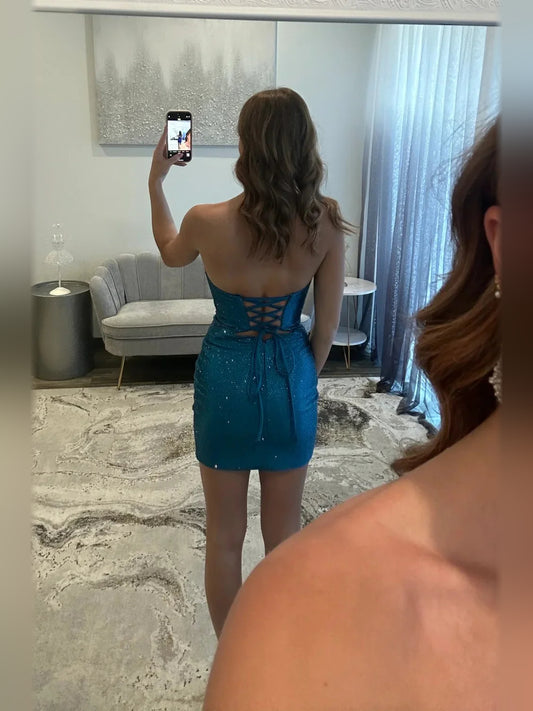 Ocean Blue mini homecoming dress, back view showing the rear of the dress