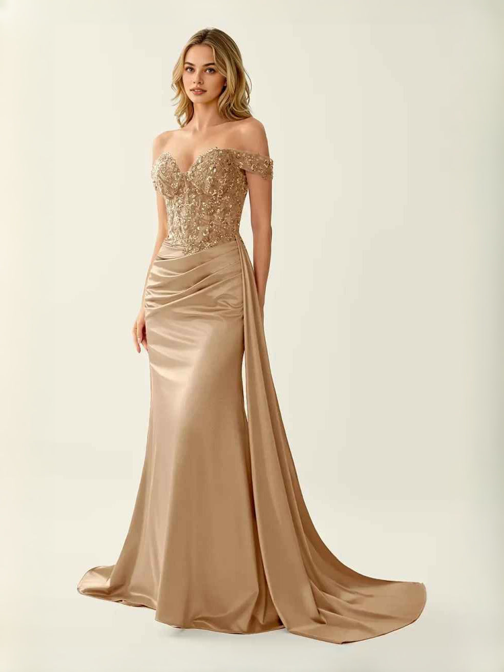 Champagne Gold floor-length prom dress, alternate view showing the bodice and skirt